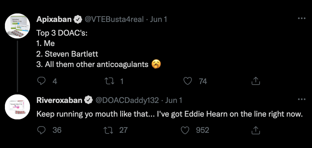 Fake social media exchange between apixaban and rivaroxaban setting up the DOAC rivalry